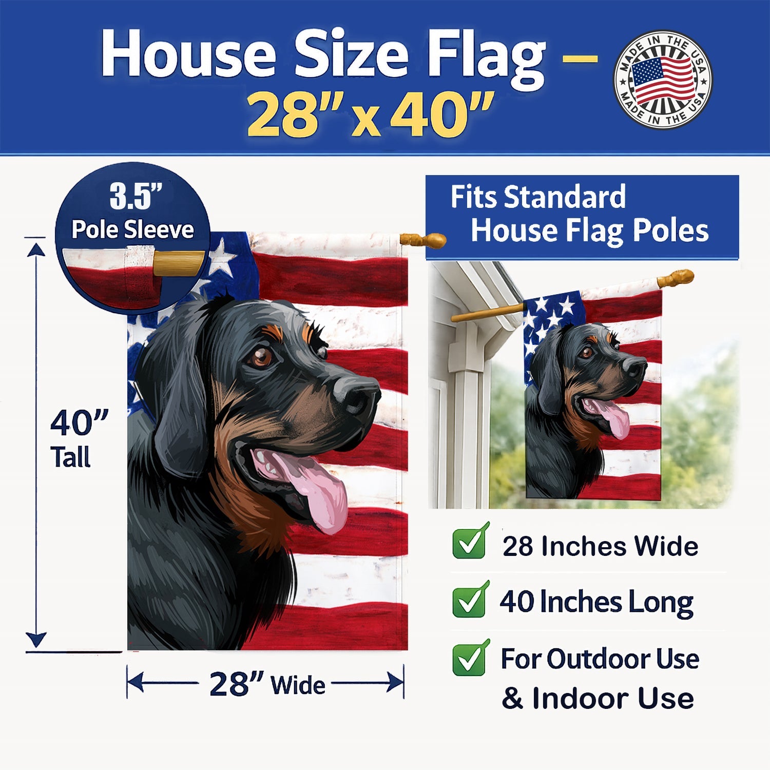 Polish Hunting Dog American Flag House Flag 28x40 Porch Sleeve Pole Decorative Outside Yard Banner Artwork Wall Hanging, Polyester