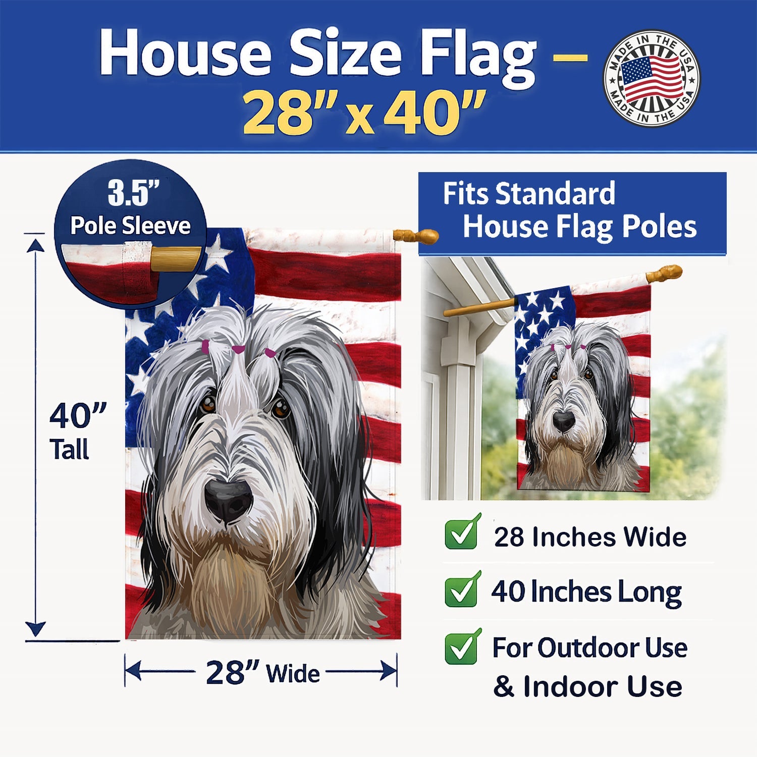 Polish Lowland Sheepdog American Flag House Flag 28x40 Porch Sleeve Pole Decorative Outside Yard Banner Artwork Wall Hanging, Polyester