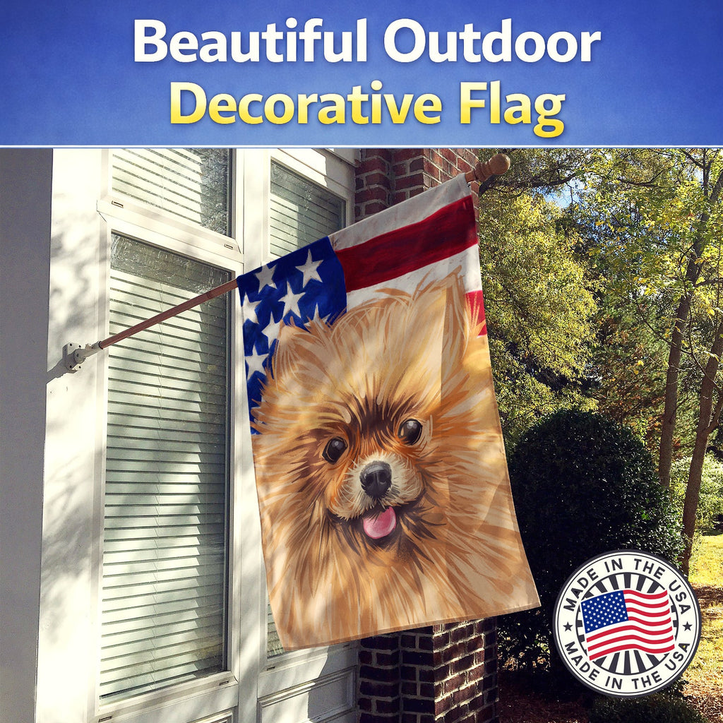 Pomeranian Dog American Flag House Flag 28x40 Porch Sleeve Pole Decorative Outside Yard Banner Artwork Wall Hanging, Polyester