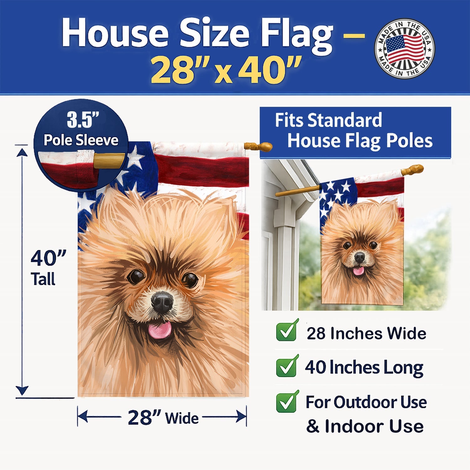 Pomeranian Dog American Flag House Flag 28x40 Porch Sleeve Pole Decorative Outside Yard Banner Artwork Wall Hanging, Polyester