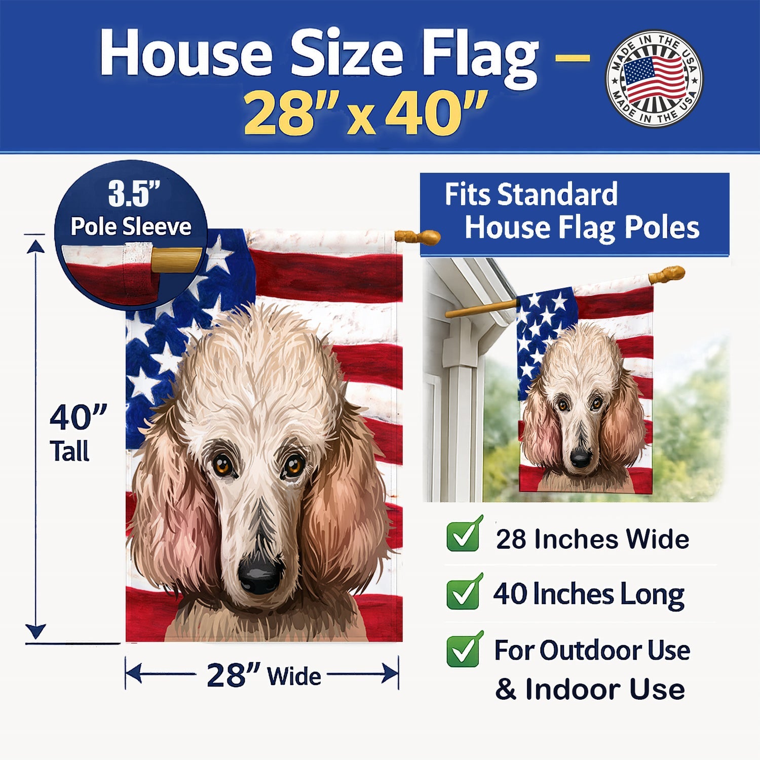 Poodle Dog American Flag House Flag 28x40 Porch Sleeve Pole Decorative Outside Yard Banner Artwork Wall Hanging, Polyester