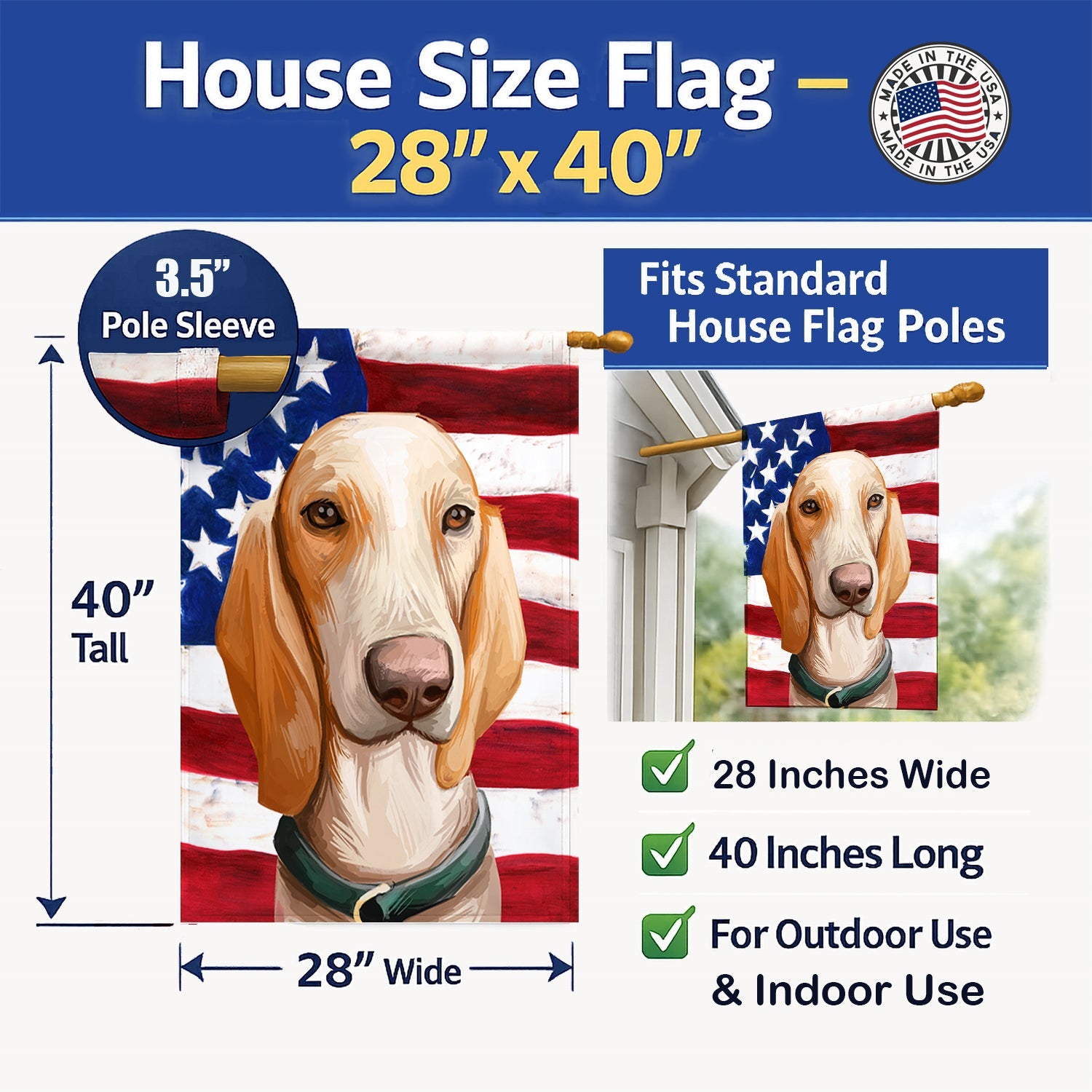 Porcelaine Dog American Flag House Flag 28x40 Porch Sleeve Pole Decorative Outside Yard Banner Artwork Wall Hanging, Polyester