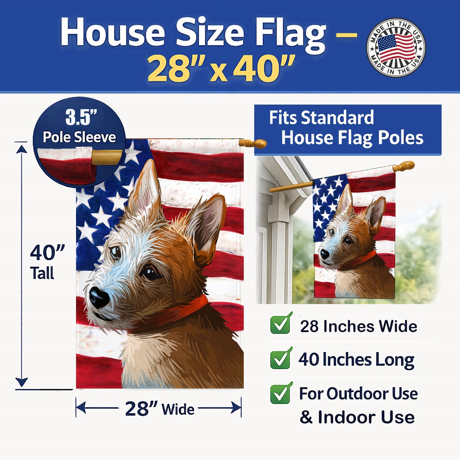 Portuguese Podengo Dog American Flag House Flag 28x40 Porch Sleeve Pole Decorative Outside Yard Banner Artwork Wall Hanging, Polyester