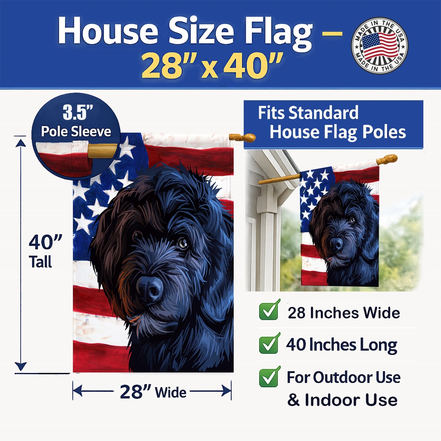 Portuguese Water Dog American Flag House Flag 28x40 Porch Sleeve Pole Decorative Outside Yard Banner Artwork Wall Hanging, Polyester