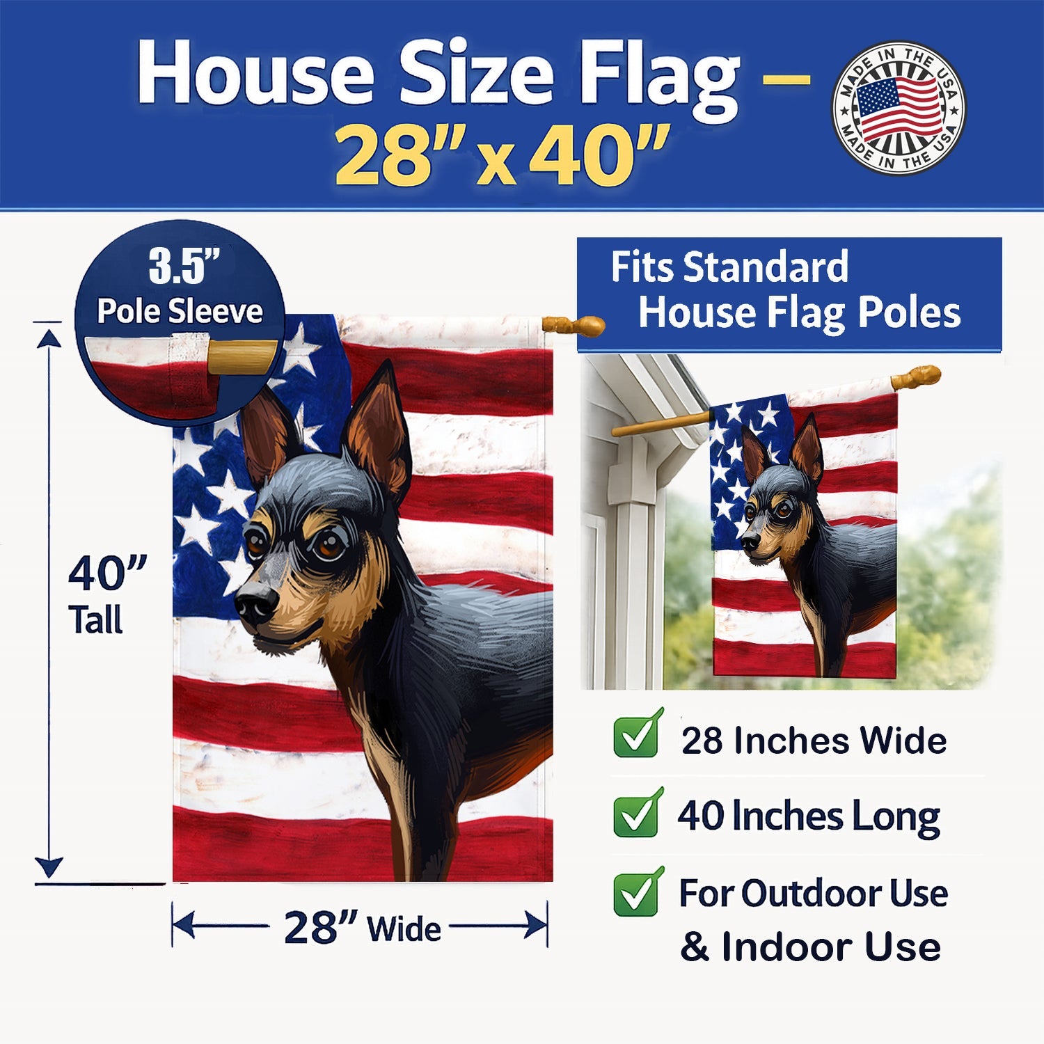 Prague Ratter Dog American Flag House Flag 28x40 Porch Sleeve Pole Decorative Outside Yard Banner Artwork Wall Hanging, Polyester