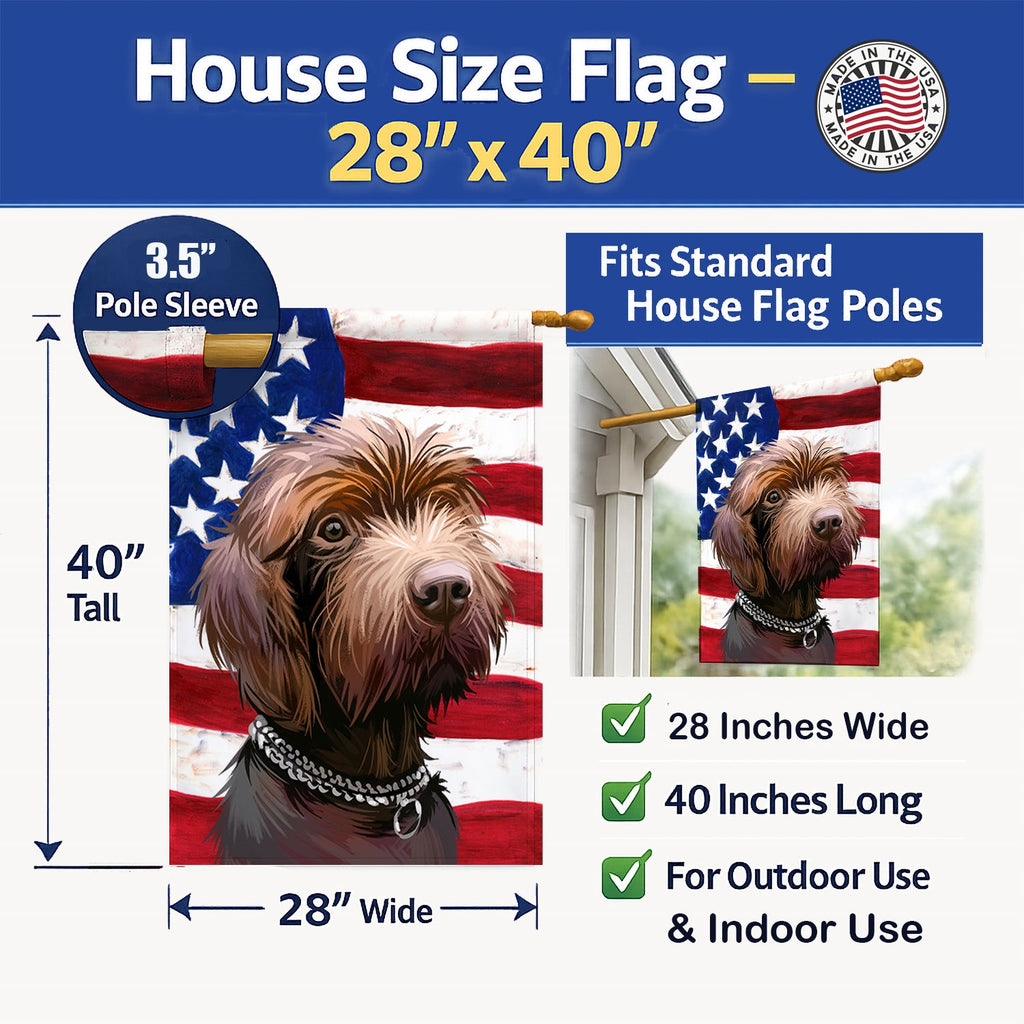 Pudelpointer Dog American Flag House Flag 28x40 Porch Sleeve Pole Decorative Outside Yard Banner Artwork Wall Hanging, Polyester