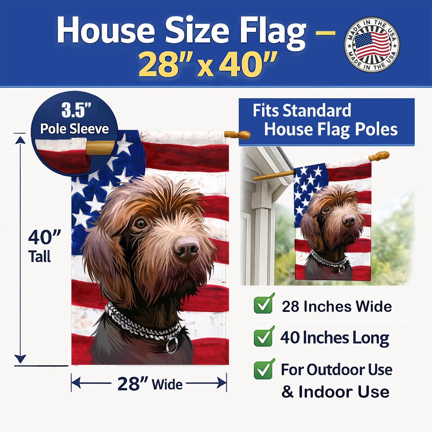 Pudelpointer Dog American Flag House Flag 28x40 Porch Sleeve Pole Decorative Outside Yard Banner Artwork Wall Hanging, Polyester