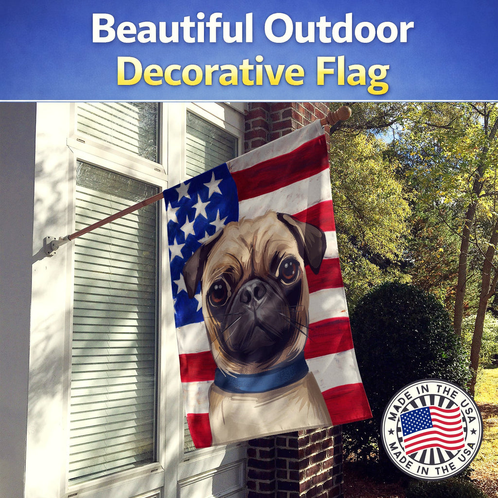 Pug Dog American Flag House Flag 28x40 Porch Sleeve Pole Decorative Outside Yard Banner Artwork Wall Hanging, Polyester