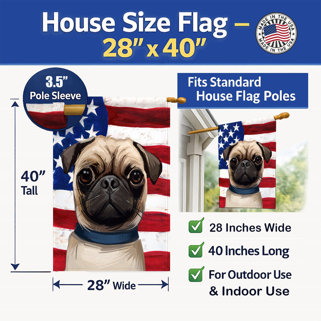 Pug Dog American Flag House Flag 28x40 Porch Sleeve Pole Decorative Outside Yard Banner Artwork Wall Hanging, Polyester