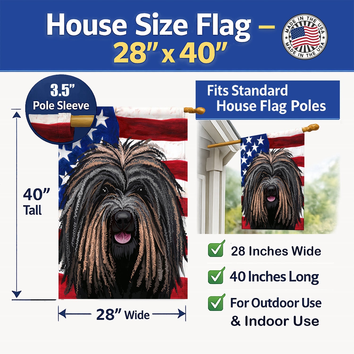 Puli Dog American Flag House Flag 28x40 Porch Sleeve Pole Decorative Outside Yard Banner Artwork Wall Hanging, Polyester
