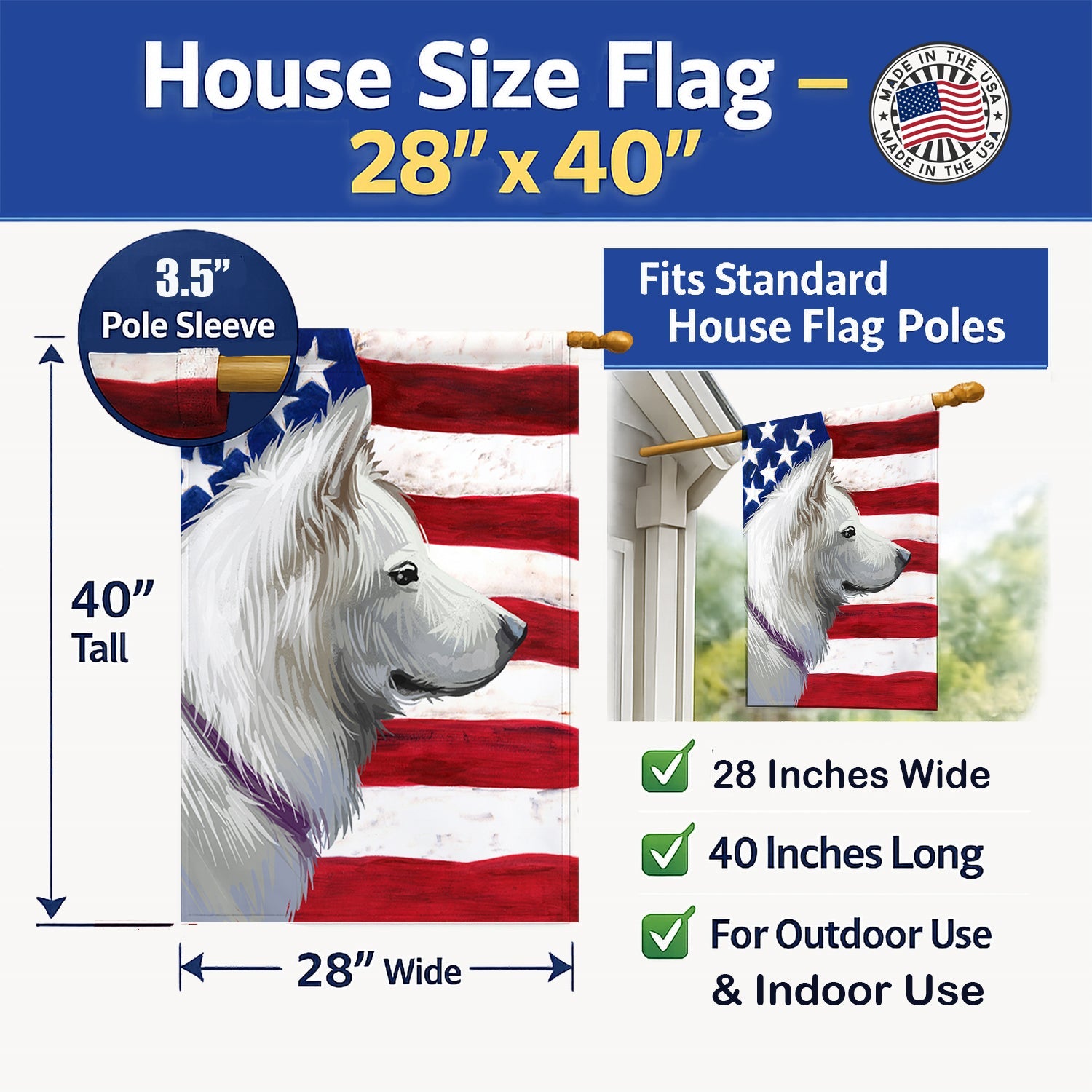 Pungsan Poongsan Dog American Flag House Flag 28x40 Porch Sleeve Pole Decorative Outside Yard Banner Artwork Wall Hanging, Polyester