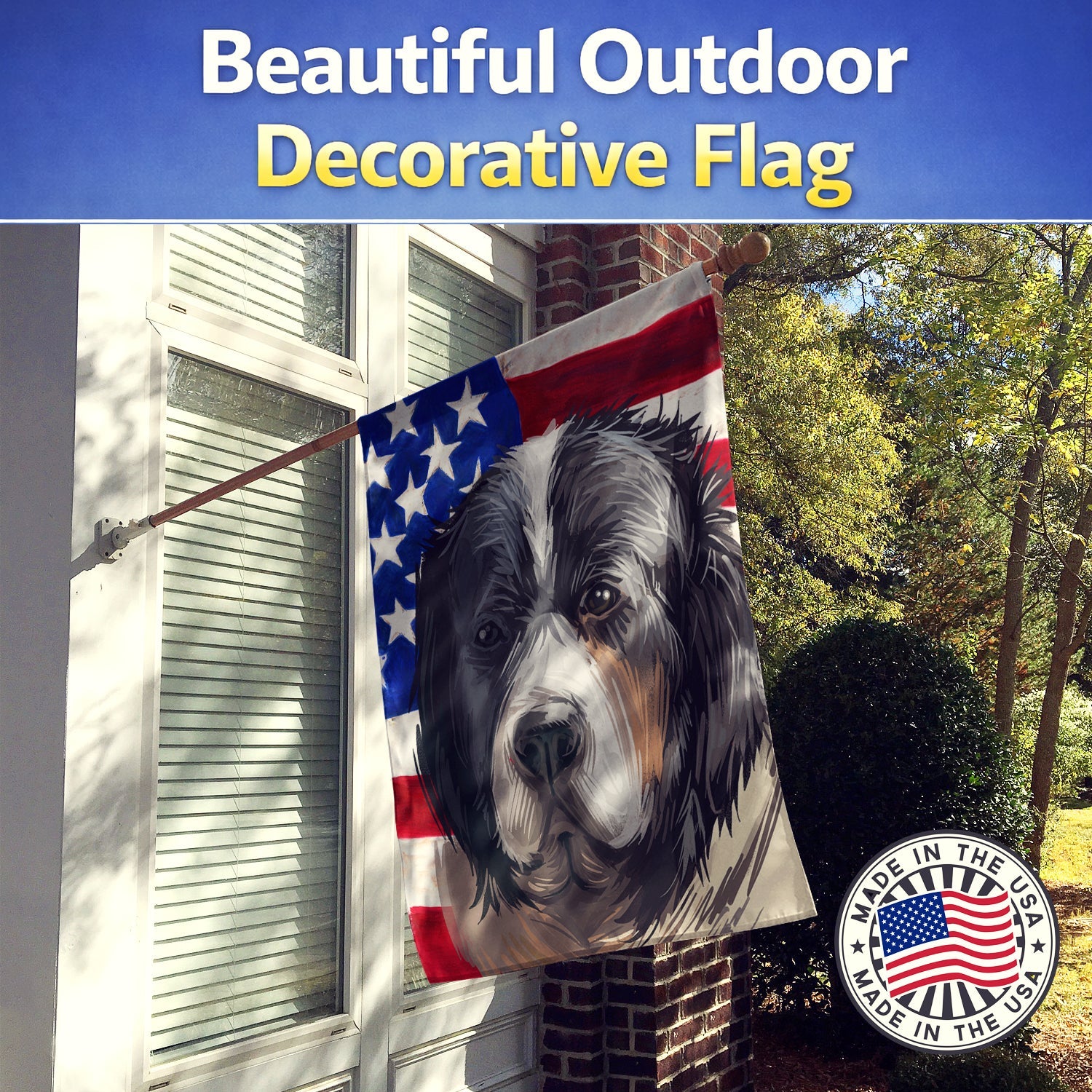 Pyrenean Mastiff Dog American Flag House Flag 28x40 Porch Sleeve Pole Decorative Outside Yard Banner Artwork Wall Hanging, Polyester