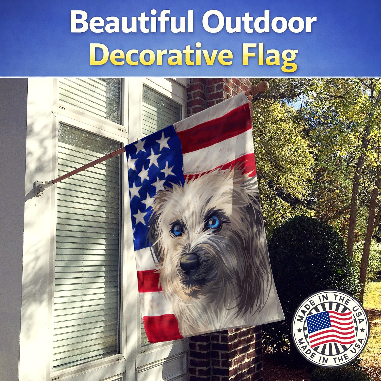 Pyrenean Shepherd Dog American Flag House Flag 28x40 Porch Sleeve Pole Decorative Outside Yard Banner Artwork Wall Hanging, Polyester