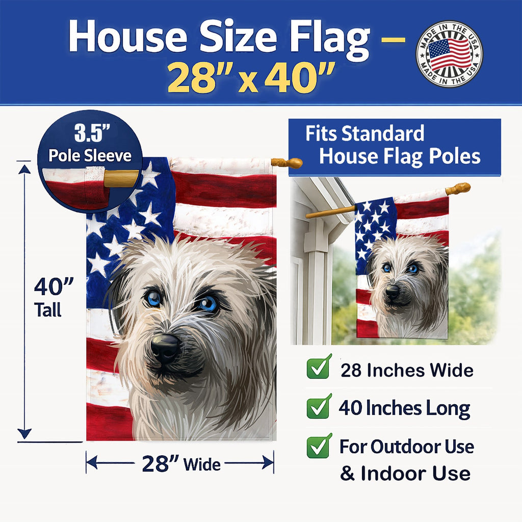 Pyrenean Shepherd Dog American Flag House Flag 28x40 Porch Sleeve Pole Decorative Outside Yard Banner Artwork Wall Hanging, Polyester
