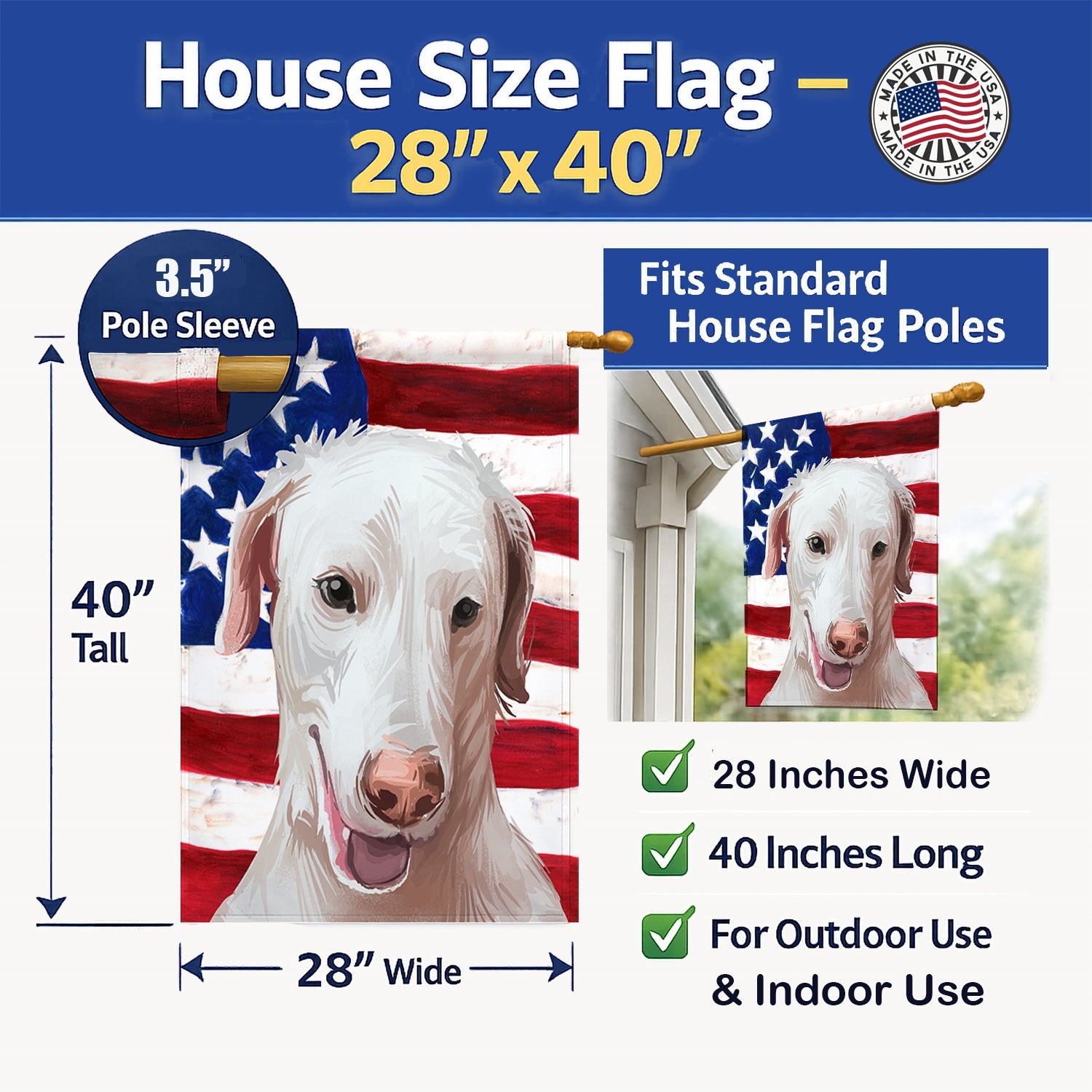 Rajapalayam Poligar hound American Flag House Flag 28x40 Porch Sleeve Pole Decorative Outside Yard Banner Artwork Wall Hanging, Polyester