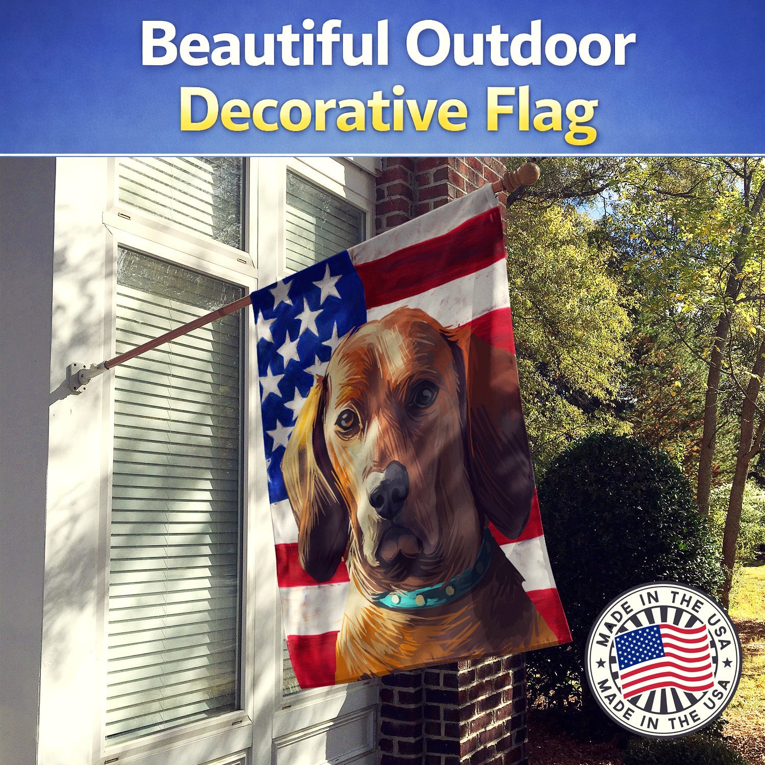 Redbone Coonhound Dog American Flag House Flag 28x40 Porch Sleeve Pole Decorative Outside Yard Banner Artwork Wall Hanging, Polyester