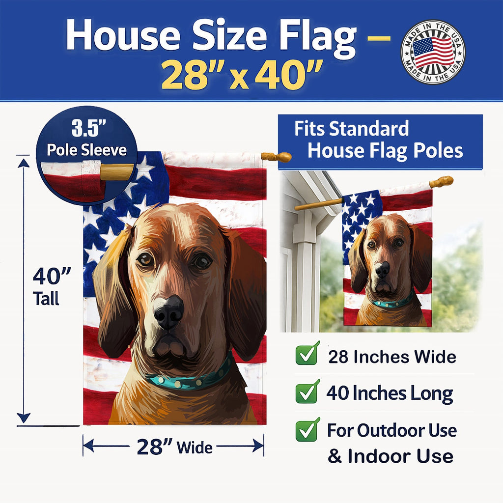 Redbone Coonhound Dog American Flag House Flag 28x40 Porch Sleeve Pole Decorative Outside Yard Banner Artwork Wall Hanging, Polyester