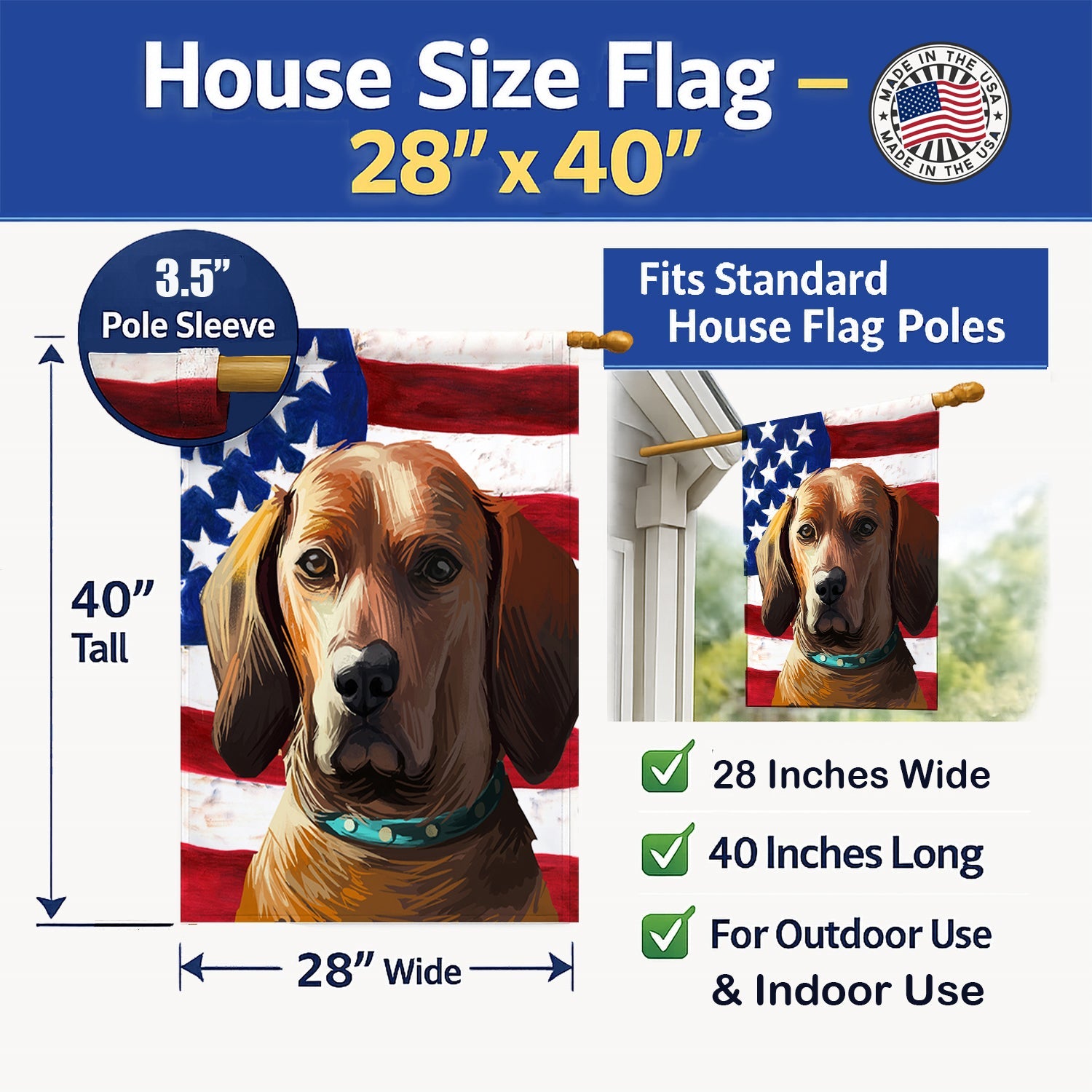 Redbone Coonhound Dog American Flag House Flag 28x40 Porch Sleeve Pole Decorative Outside Yard Banner Artwork Wall Hanging, Polyester