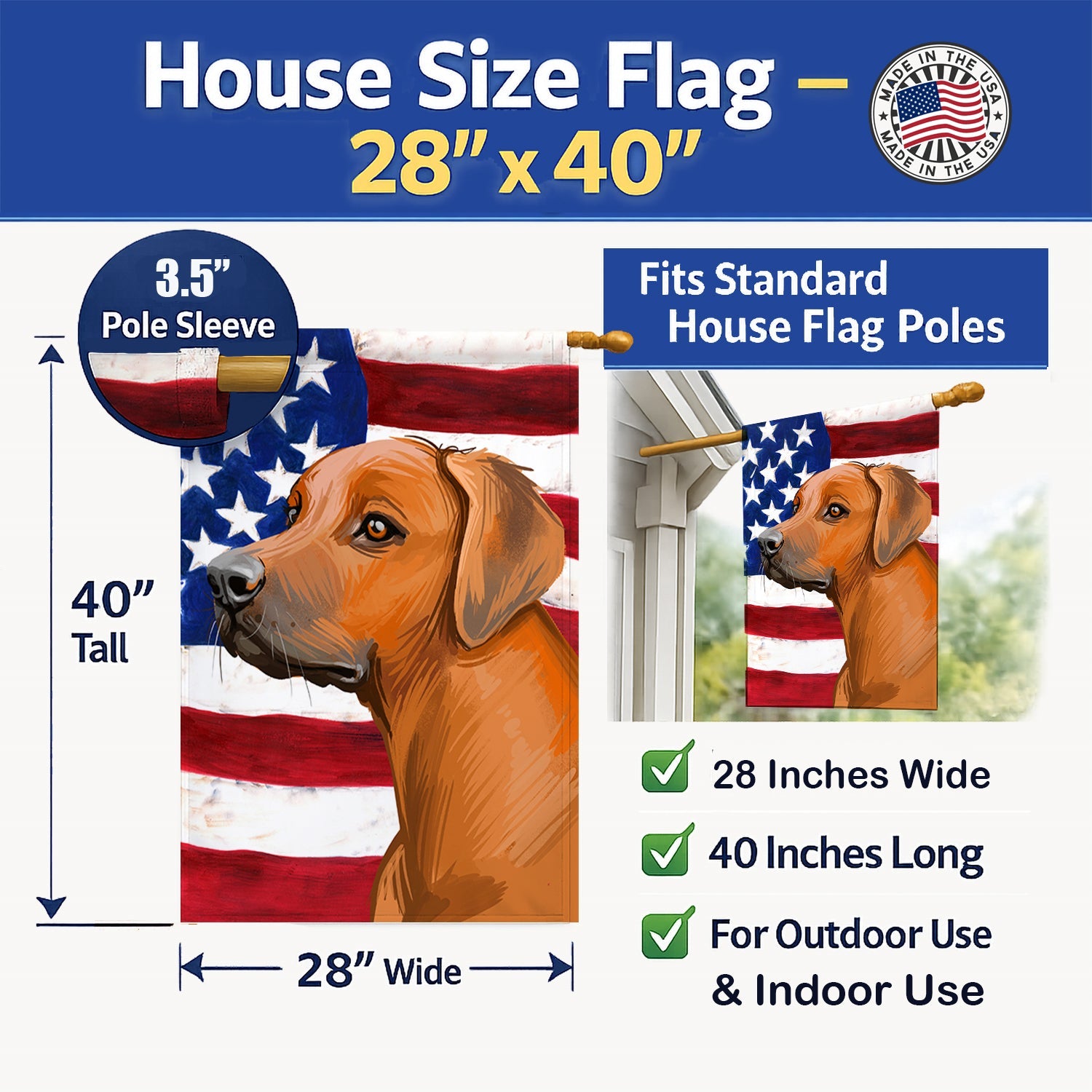 Rhodesian Ridgeback Dog American Flag House Flag 28x40 Porch Sleeve Pole Decorative Outside Yard Banner Artwork Wall Hanging, Polyester