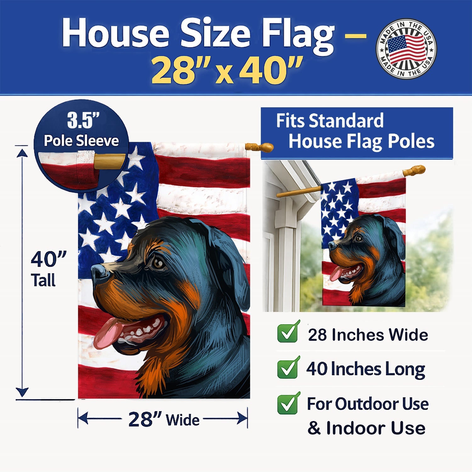 Rottweiler Dog American Flag House Flag 28x40 Porch Sleeve Pole Decorative Outside Yard Banner Artwork Wall Hanging, Polyester