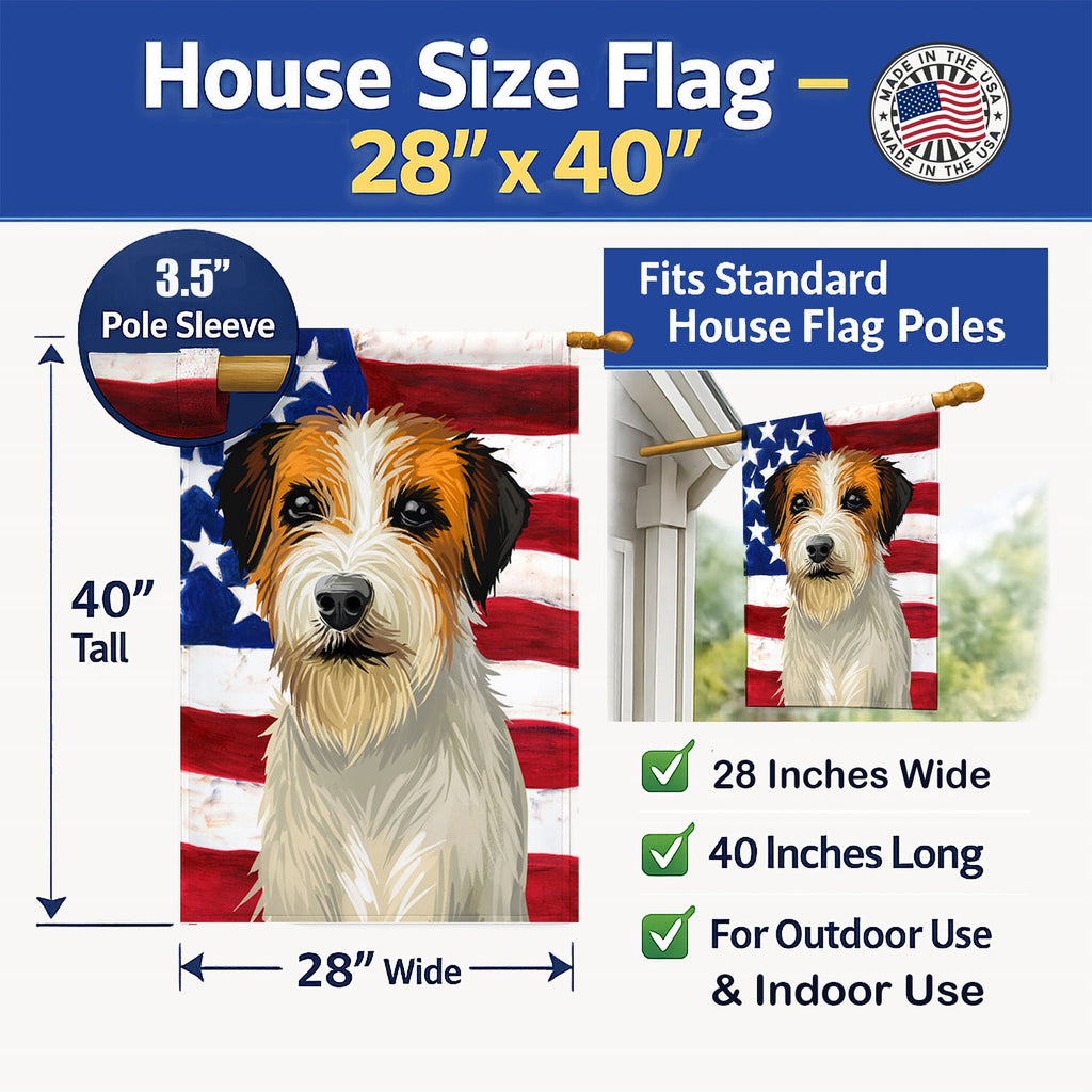 Russell Terrier Dog American Flag House Flag 28x40 Porch Sleeve Pole Decorative Outside Yard Banner Artwork Wall Hanging, Polyester