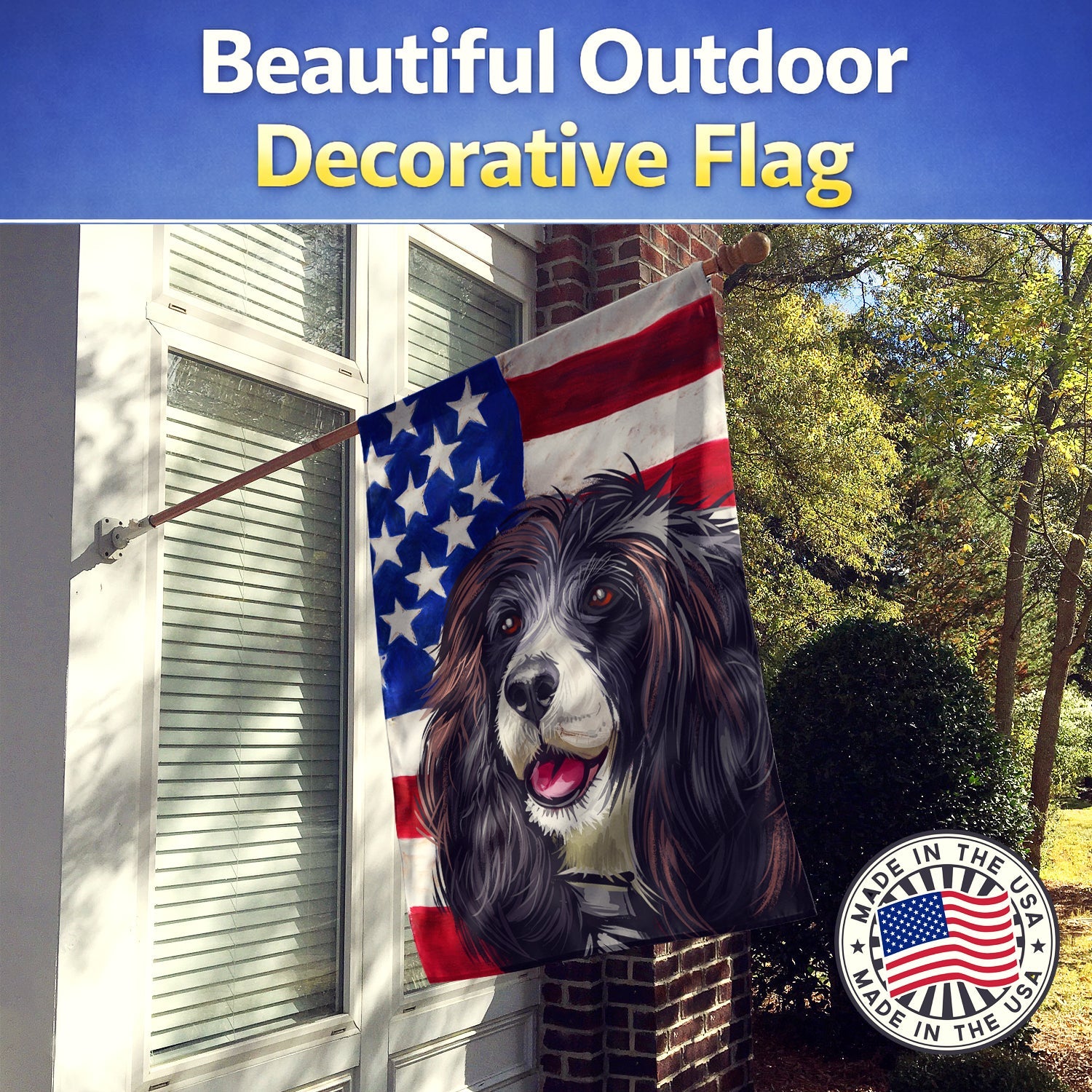 Russian Spaniel Dog American Flag House Flag 28x40 Porch Sleeve Pole Decorative Outside Yard Banner Artwork Wall Hanging, Polyester