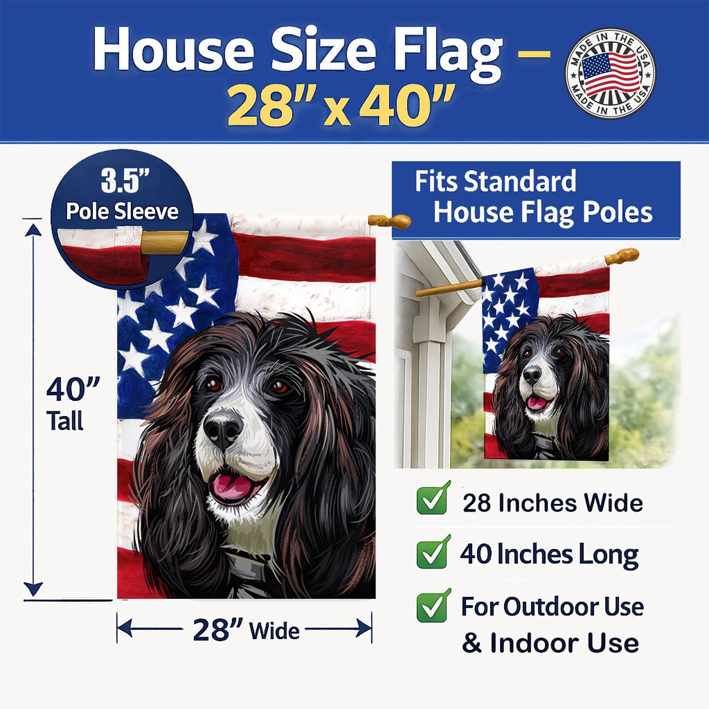 Russian Spaniel Dog American Flag House Flag 28x40 Porch Sleeve Pole Decorative Outside Yard Banner Artwork Wall Hanging, Polyester