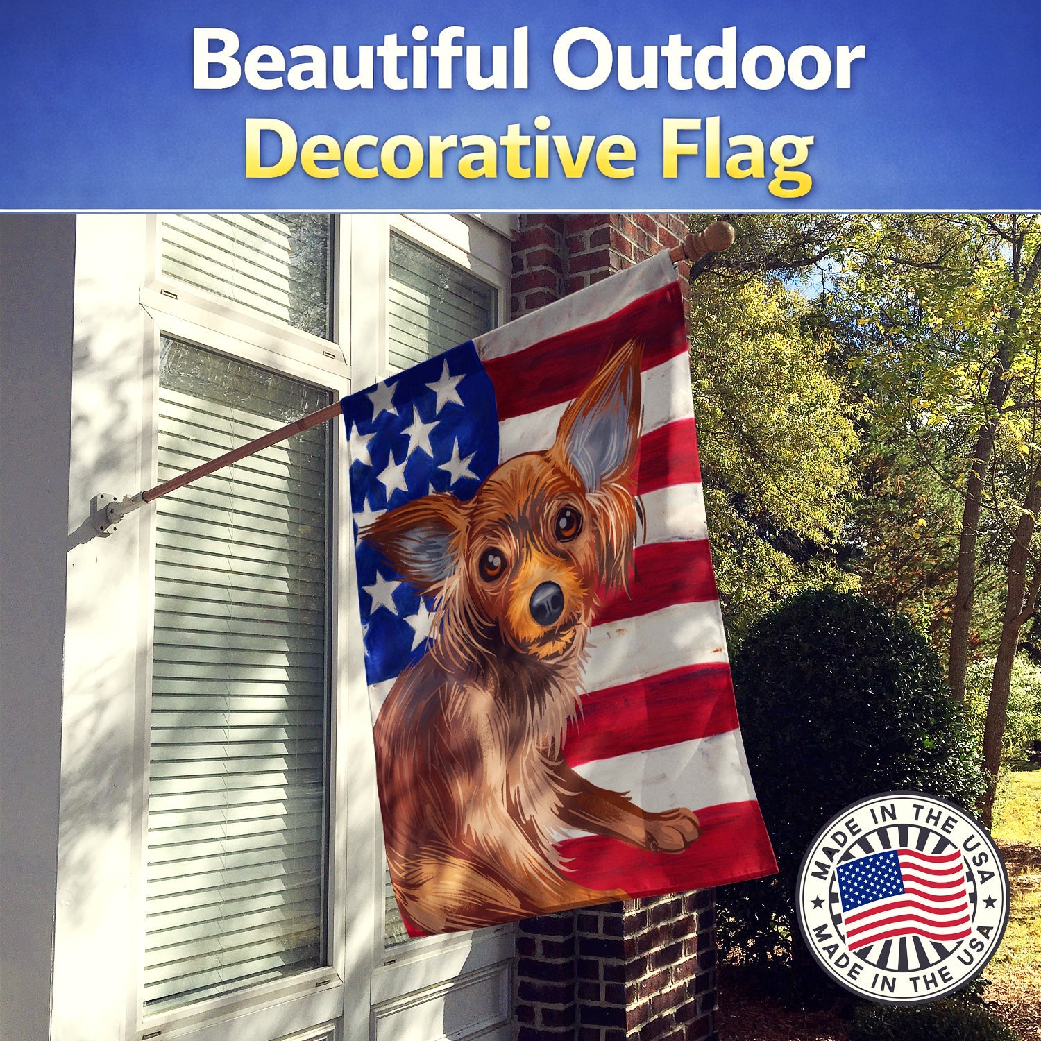 Russian Toy Dog American Flag House Flag 28x40 Porch Sleeve Pole Decorative Outside Yard Banner Artwork Wall Hanging, Polyester