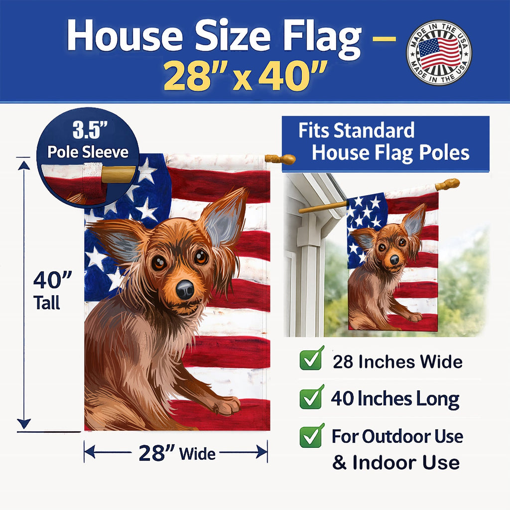 Russian Toy Dog American Flag House Flag 28x40 Porch Sleeve Pole Decorative Outside Yard Banner Artwork Wall Hanging, Polyester