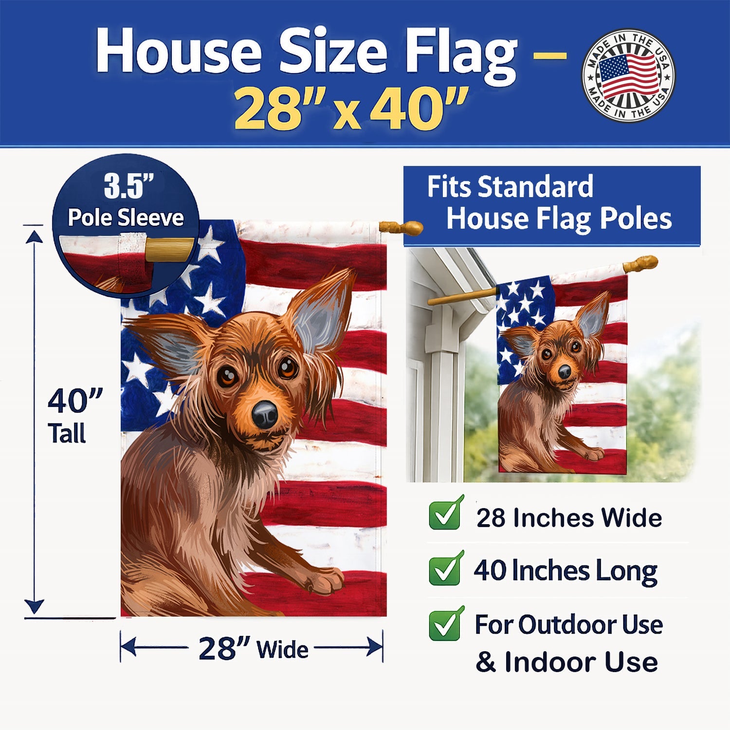 Russian Toy Dog American Flag House Flag 28x40 Porch Sleeve Pole Decorative Outside Yard Banner Artwork Wall Hanging, Polyester