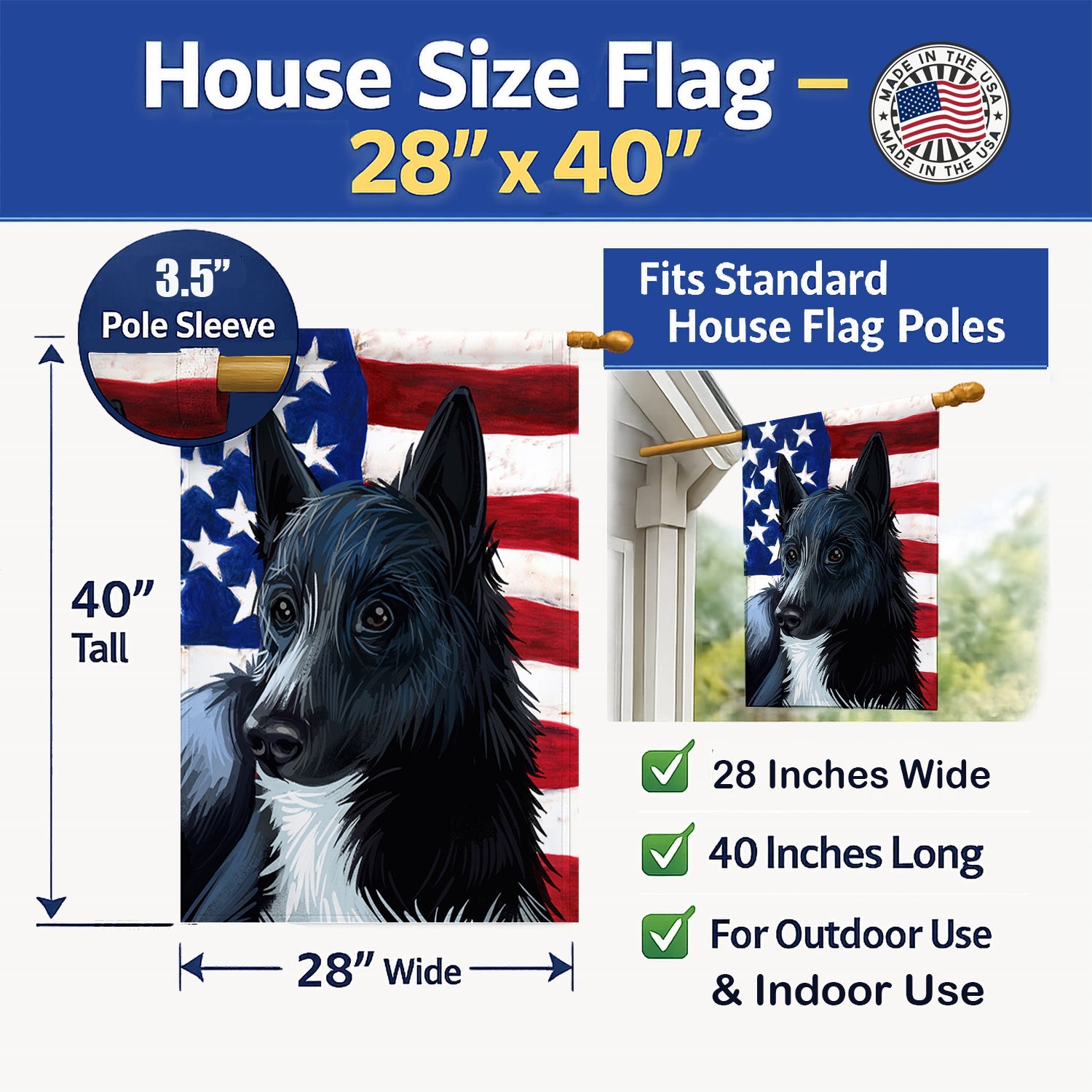 Russo-European Laika Dog American Flag House Flag 28x40 Porch Sleeve Pole Decorative Outside Yard Banner Artwork Wall Hanging, Polyester