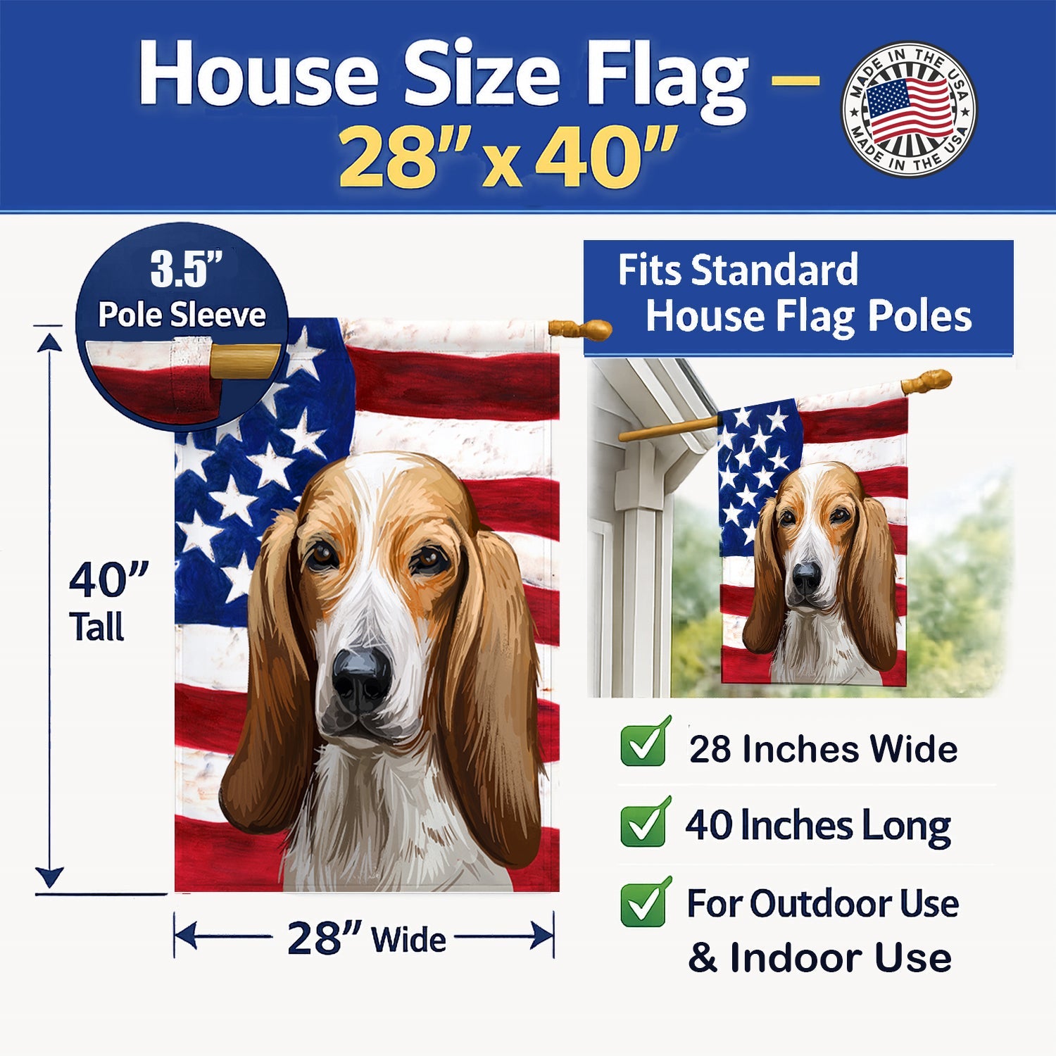 Colombian Fino Hound Dog American Flag House Flag 28x40 Porch Sleeve Pole Decorative Outside Yard Banner Artwork Wall Hanging, Polyester