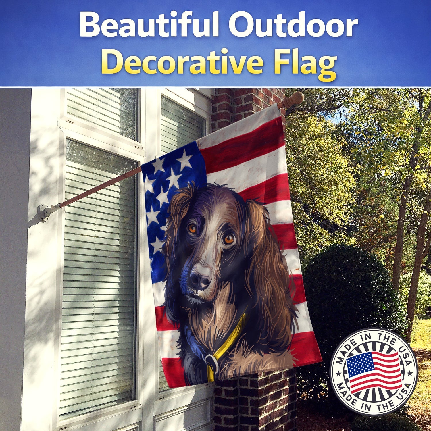 Saint-Usuge Spaniel Dog American Flag House Flag 28x40 Porch Sleeve Pole Decorative Outside Yard Banner Artwork Wall Hanging, Polyester