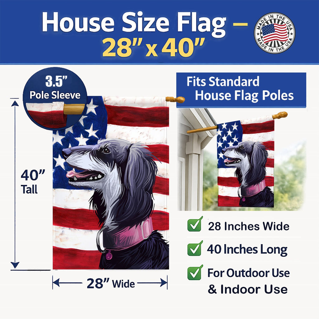 Saluki Dog American Flag House Flag 28x40 Porch Sleeve Pole Decorative Outside Yard Banner Artwork Wall Hanging, Polyester