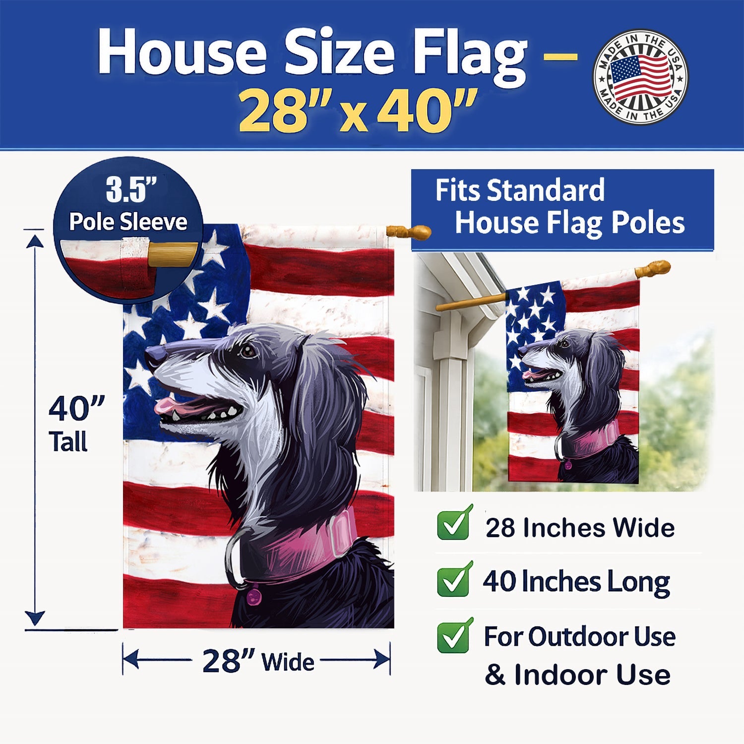 Saluki Dog American Flag House Flag 28x40 Porch Sleeve Pole Decorative Outside Yard Banner Artwork Wall Hanging, Polyester