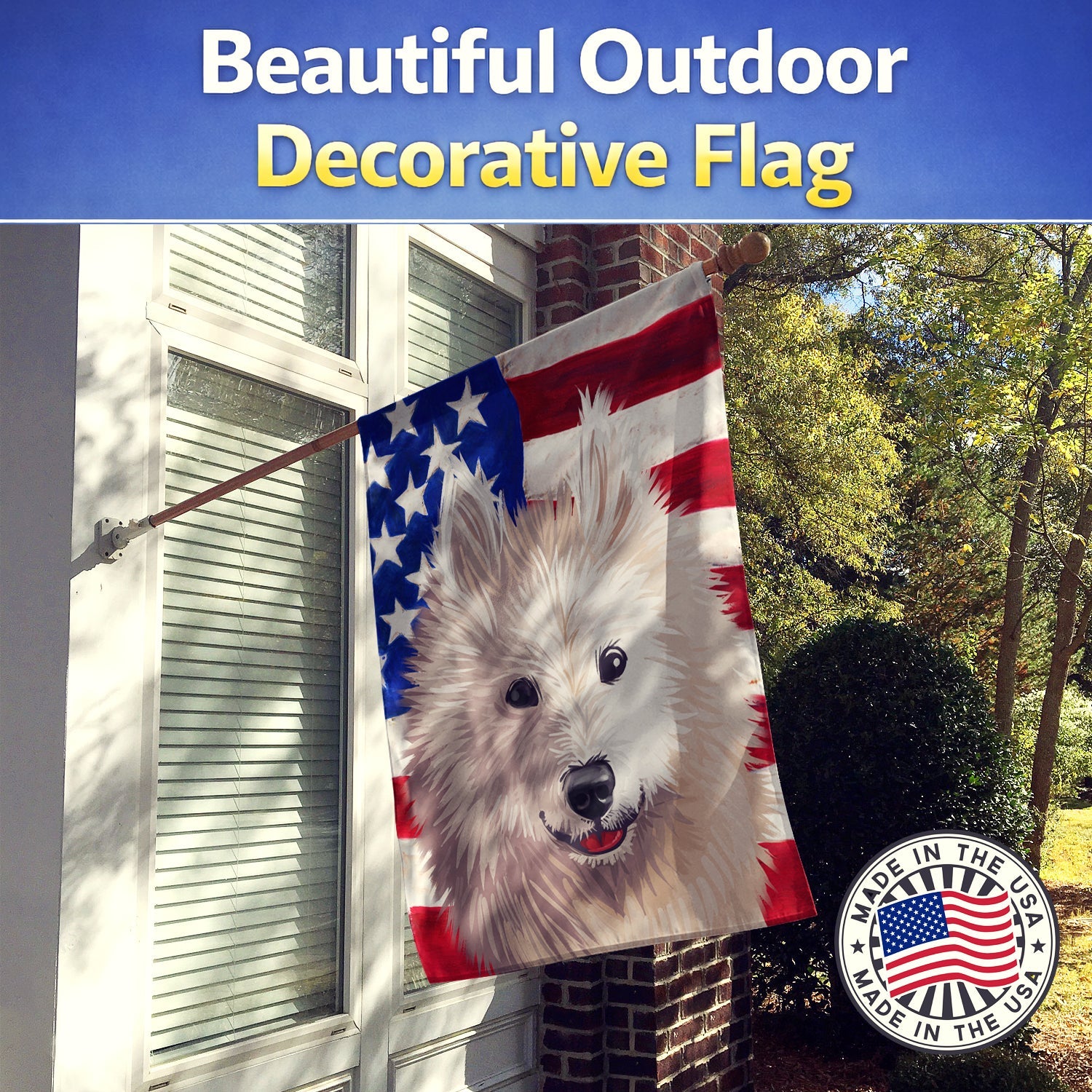 Samoyed Dog American Flag House Flag 28x40 Porch Sleeve Pole Decorative Outside Yard Banner Artwork Wall Hanging, Polyester