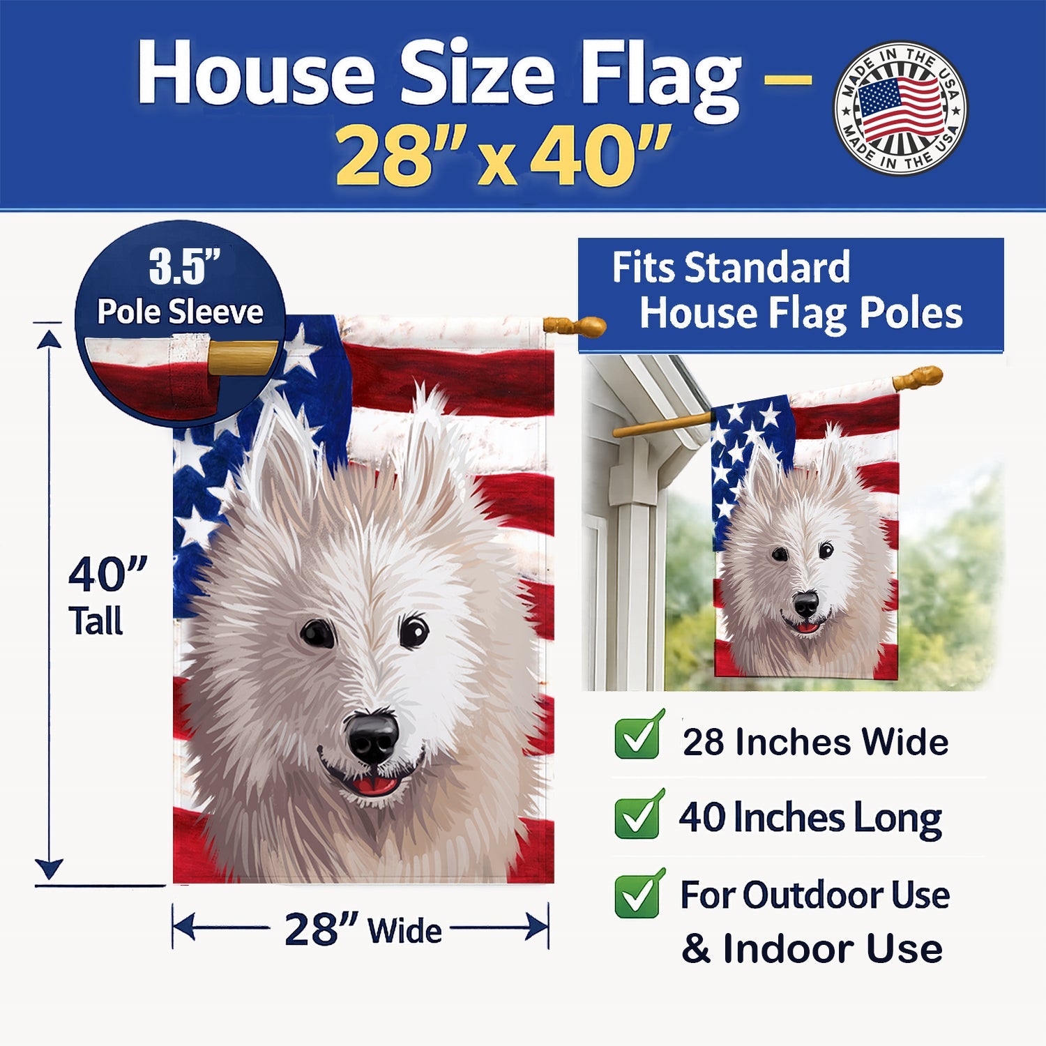 Samoyed Dog American Flag House Flag 28x40 Porch Sleeve Pole Decorative Outside Yard Banner Artwork Wall Hanging, Polyester