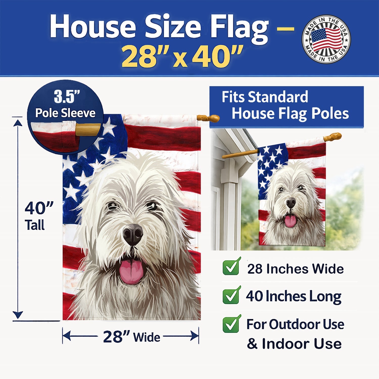 Sapsali Dog American Flag House Flag 28x40 Porch Sleeve Pole Decorative Outside Yard Banner Artwork Wall Hanging, Polyester