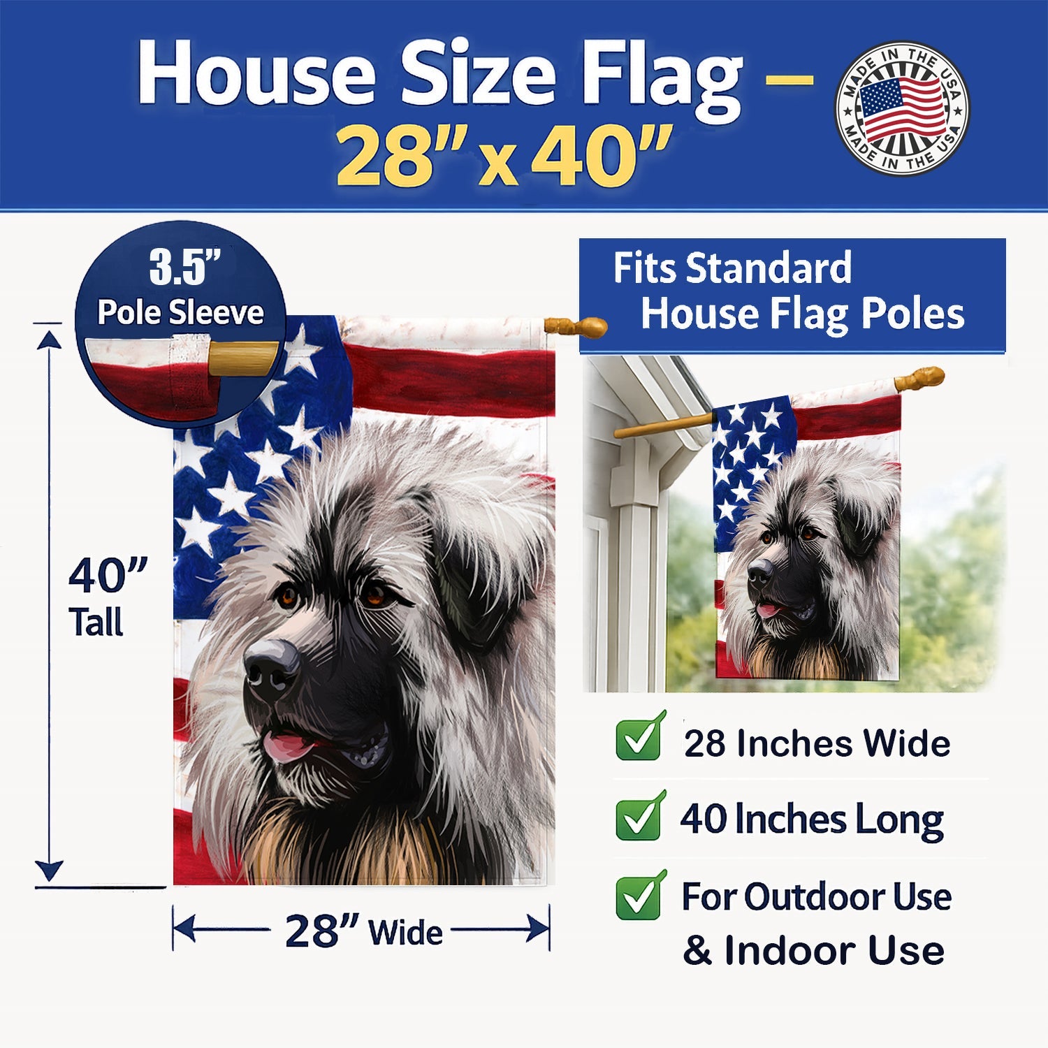 Sarplaninac Dog American Flag House Flag 28x40 Porch Sleeve Pole Decorative Outside Yard Banner Artwork Wall Hanging, Polyester