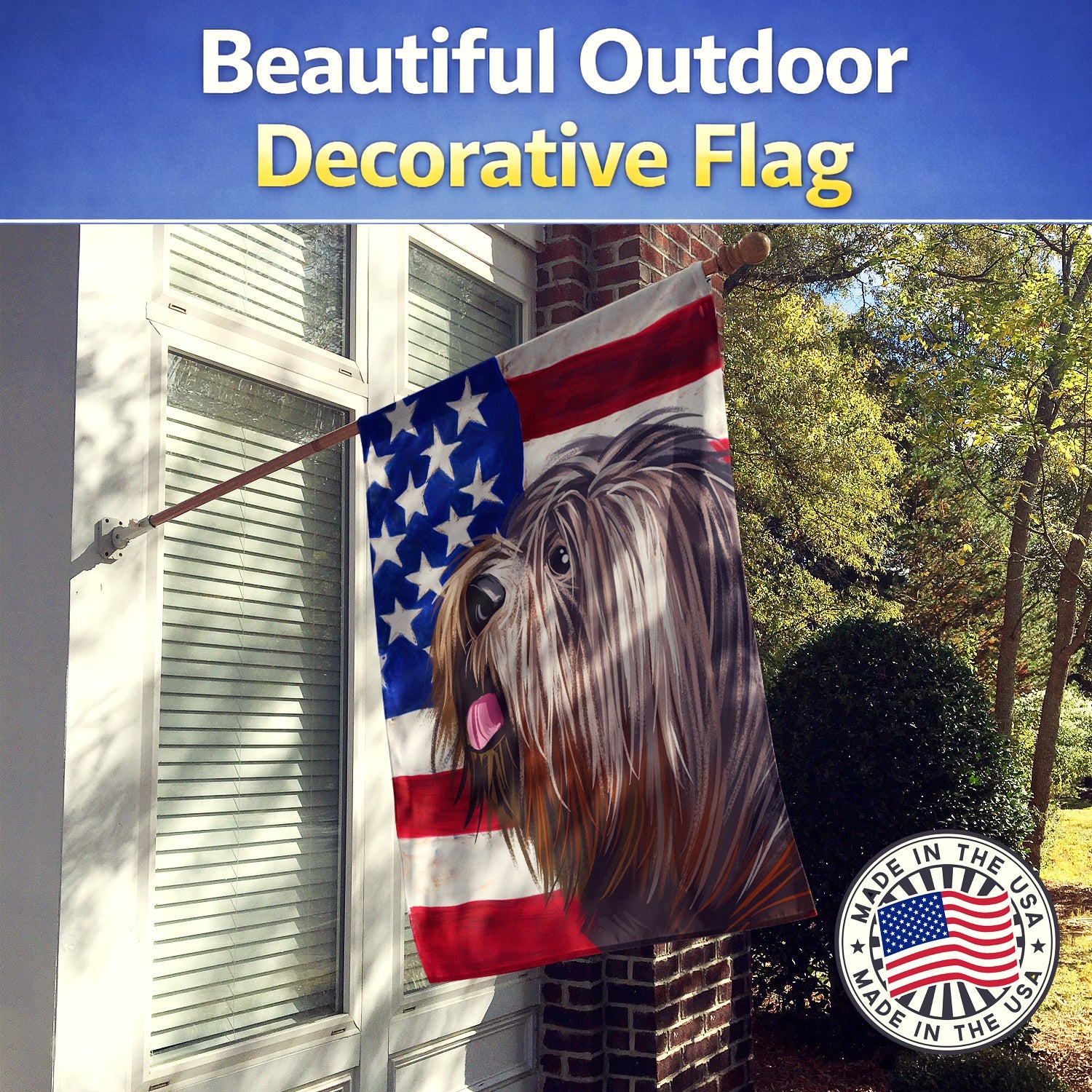 Schapendoes  American Flag House Flag 28x40 Porch Sleeve Pole Decorative Outside Yard Banner Artwork Wall Hanging, Polyester