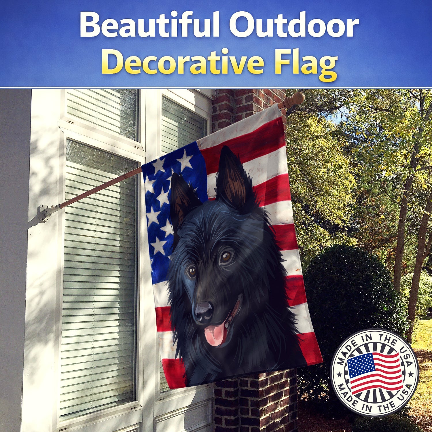 Schipperke Dog American Flag House Flag 28x40 Porch Sleeve Pole Decorative Outside Yard Banner Artwork Wall Hanging, Polyester