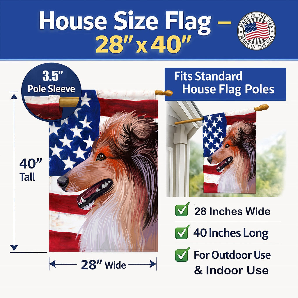 Scotch Collie Dog American Flag House Flag 28x40 Porch Sleeve Pole Decorative Outside Yard Banner Artwork Wall Hanging, Polyester
