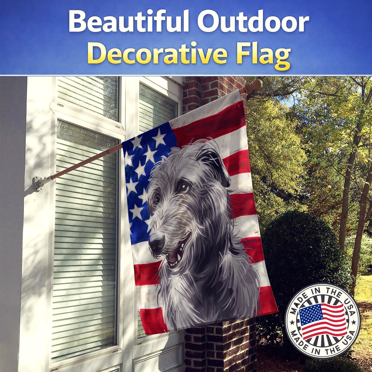 Scottish Deerhound Dog American Flag House Flag 28x40 Porch Sleeve Pole Decorative Outside Yard Banner Artwork Wall Hanging, Polyester
