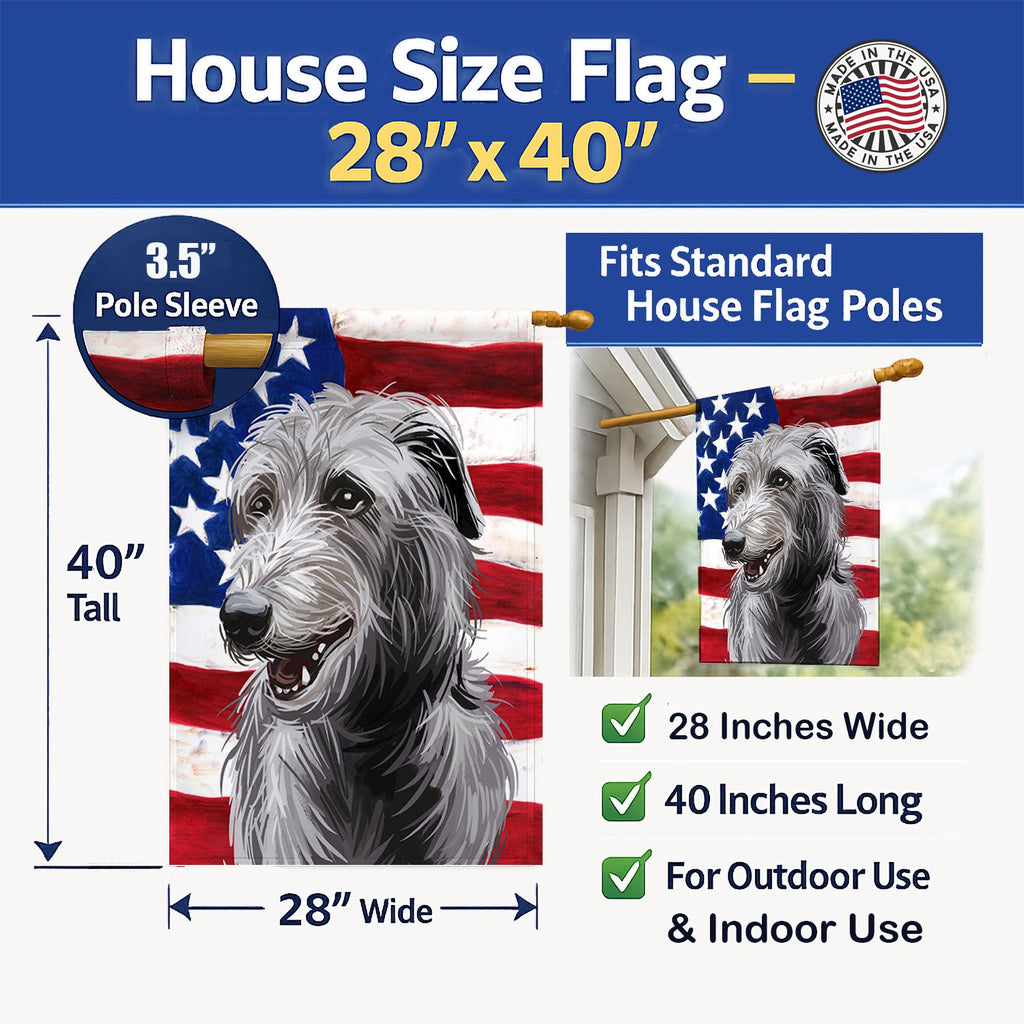 Scottish Deerhound Dog American Flag House Flag 28x40 Porch Sleeve Pole Decorative Outside Yard Banner Artwork Wall Hanging, Polyester