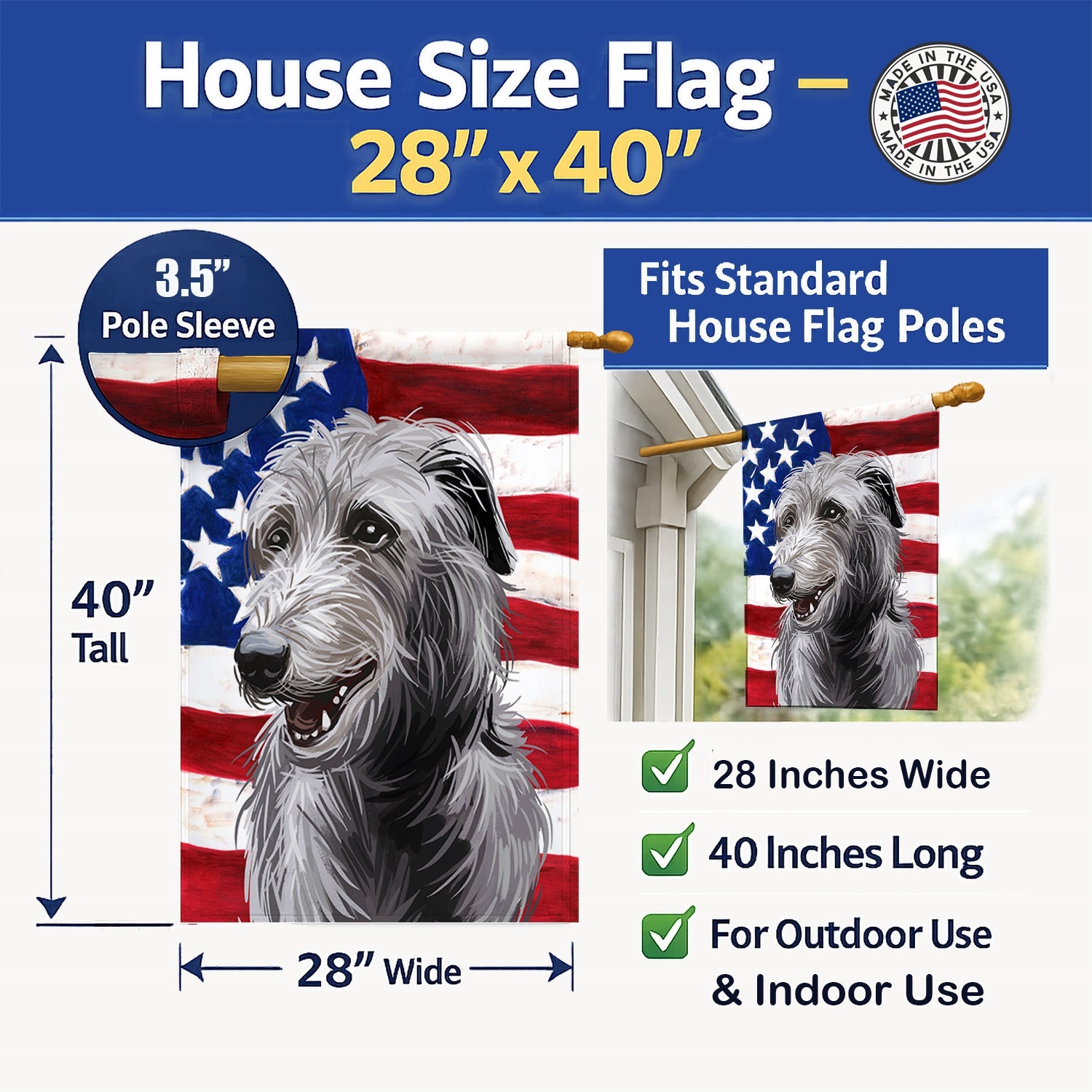 Scottish Deerhound Dog American Flag House Flag 28x40 Porch Sleeve Pole Decorative Outside Yard Banner Artwork Wall Hanging, Polyester
