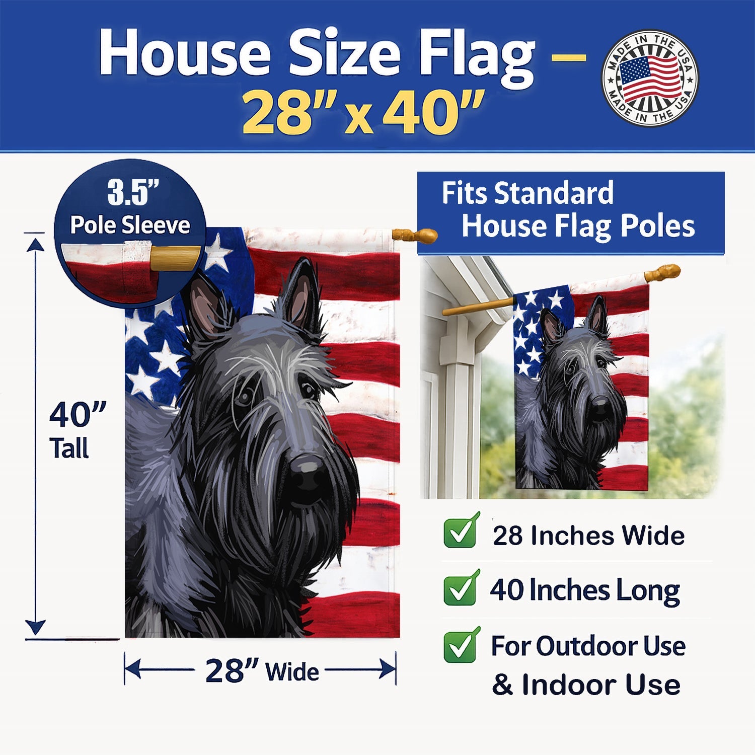 Scottish Terrier Dog American Flag House Flag 28x40 Porch Sleeve Pole Decorative Outside Yard Banner Artwork Wall Hanging, Polyester