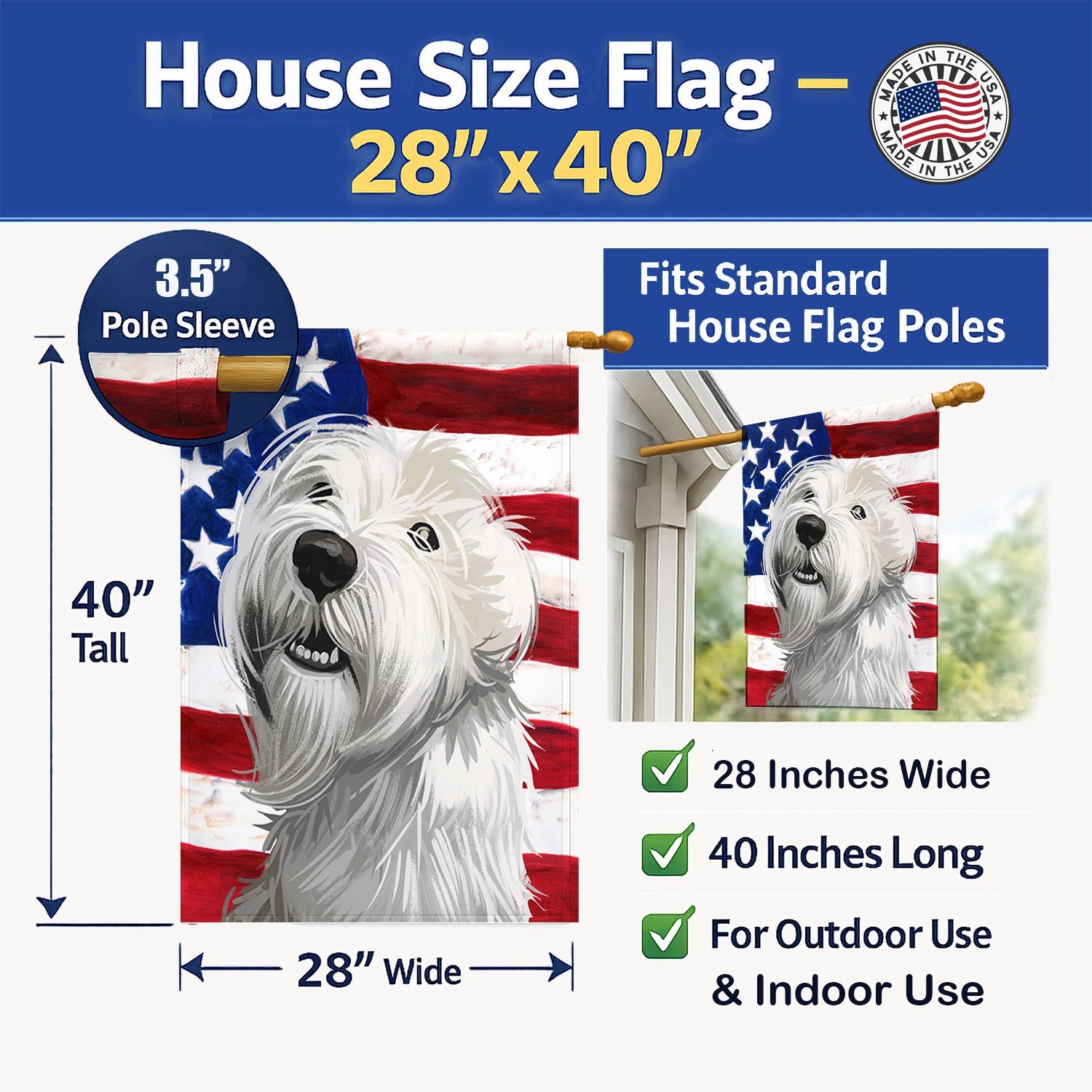 Sealyham Terrier  American Flag House Flag 28x40 Porch Sleeve Pole Decorative Outside Yard Banner Artwork Wall Hanging, Polyester