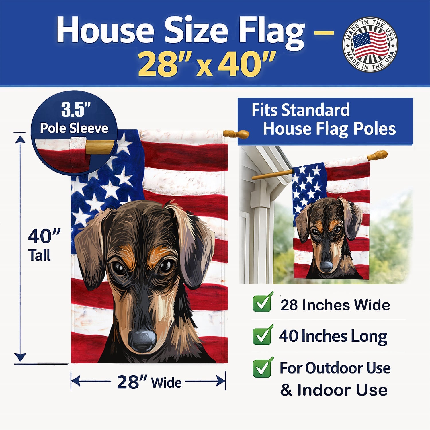Serbian Hound Dog American Flag House Flag 28x40 Porch Sleeve Pole Decorative Outside Yard Banner Artwork Wall Hanging, Polyester