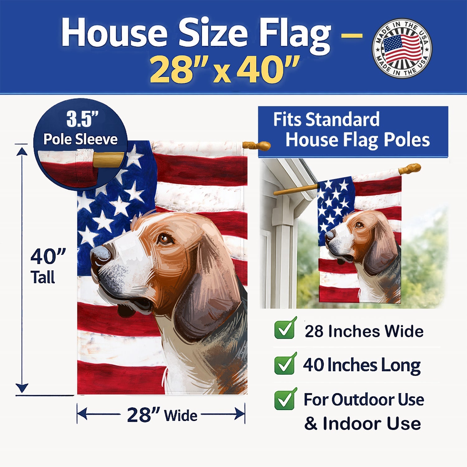 Serbian Tricolour Hound Dog American Flag House Flag 28x40 Porch Sleeve Pole Decorative Outside Yard Banner Artwork Wall Hanging, Polyester