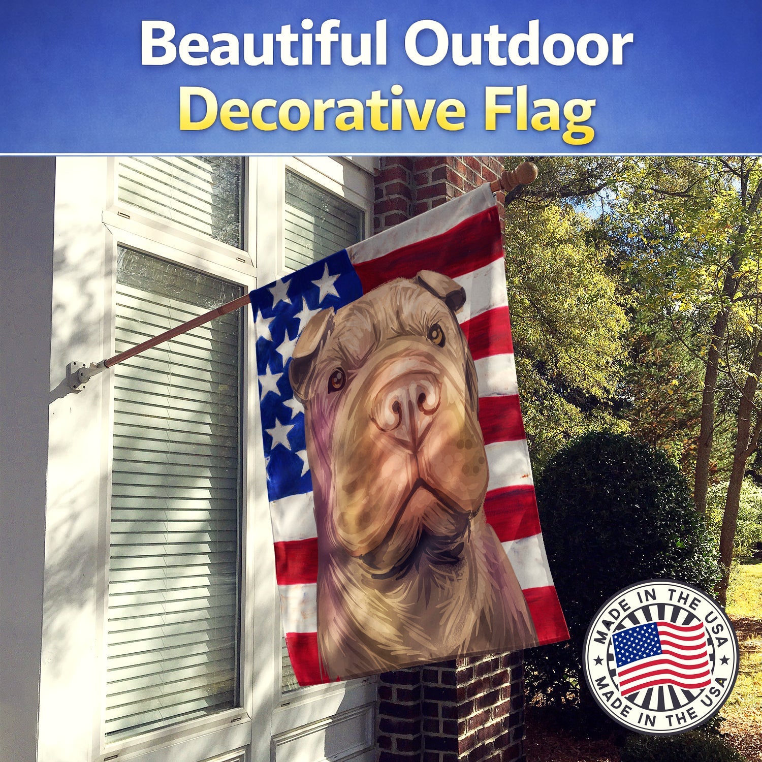 Shar Pei Dog American Flag House Flag 28x40 Porch Sleeve Pole Decorative Outside Yard Banner Artwork Wall Hanging, Polyester